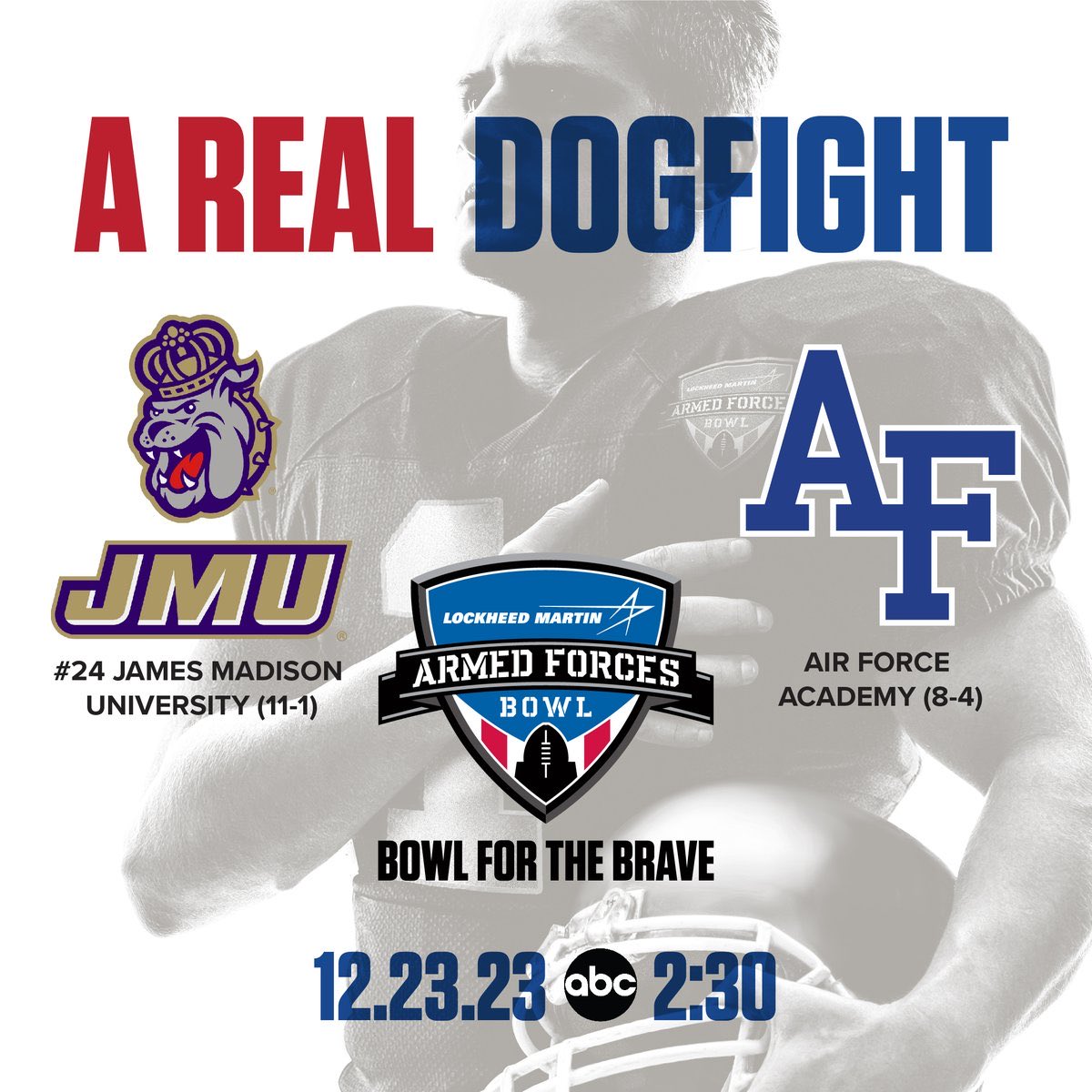 GAMEDAY! #GoDukes #FightFlyWin #LMAFB 

@JMUFootball v @AF_Football 

🏆 @ArmedForcesBowl 

⏰ 3:30 p.m. ET / 2:30 p.m. CST 
📺 @ABC 

@ShroffPxP [pbp], Andre Ware [analyst] & @paulcarcaterra [reporter] #CFB