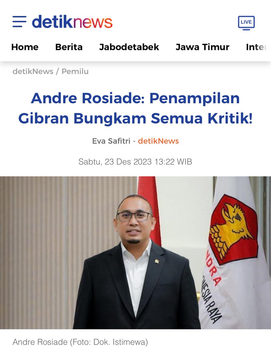 Anggota Dewan Pembina Partai Gerindra Andre Rosiade mengapresiasi penampilan cawapres nomor urut 2 Gibran Rakabuming Raka di debat cawapres semalam. Andre menilai penampilan Gibran membungkam kritik yang meragukan kapasitasnya.

"Mas Gibran membungkam semua kritik lewat