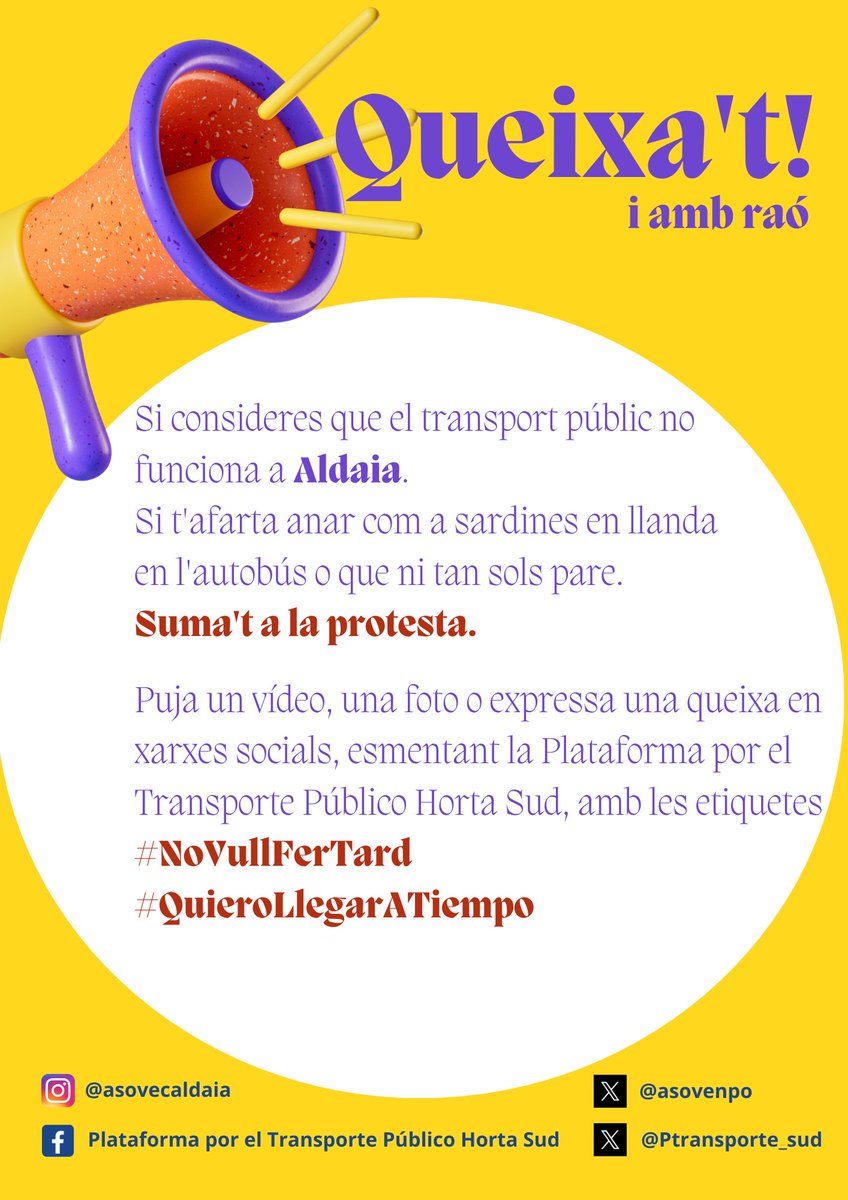 asovenpo's tweet photo. Nos unimos a la campaña reivindicativa para conseguir un transporte público digno para Aldaia, Alaquás y Xirivella junto a @federacioaavv y @Ptransporte_sud #QuieroLlegarATiempo #NoVullFerTard #NoSomosSardinas https://t.co/Z05DlBjnh5
