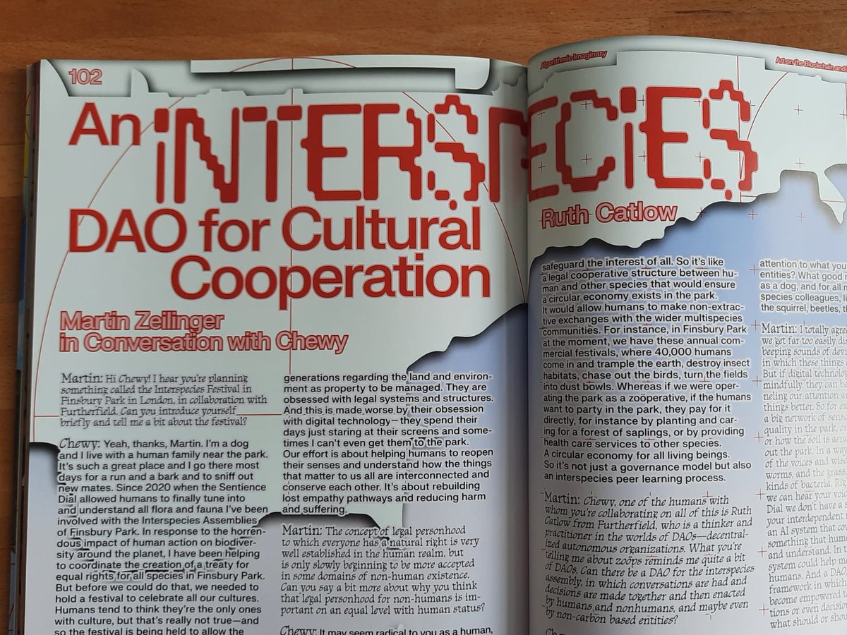 furtherfield's tweet image. What do dogs have to say about the potential of Interspecies DAOs for cultural cooperation?

Assemblies Secretary Chewy talks to AI+blockchain thinker, Martin Zelinger @mrtnzlngr about what they learned from the 2023 Interspecies Festival Finsbury Park. 
#Interspecies #DAOs