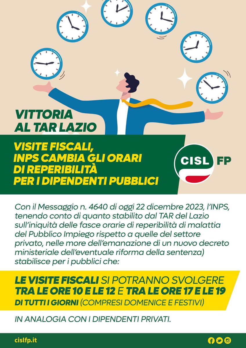 cislfp's tweet photo. 𝗩𝗜𝗦𝗜𝗧𝗘 𝗠𝗘𝗗𝗜𝗖𝗛𝗘 ✍️

Continua l’impegno della @cislfp per superare tutte le discriminazione tra settore privato e pubblico, a scapito di quest’ultimo!

Cosa cambia sulla #malattia❓

Le nuove fasce di #reperibilità:

📌 Mattino 10:00 - 12:00
📌 Pomeriggio 17:00 -19:00 https://t.co/N3e2Cv36fi