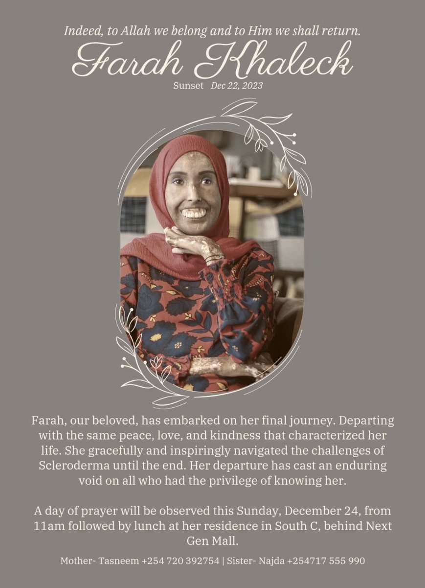 Our Farah passed away and was burried accourding to Islamic traditions yesterday surrounded by family and loved ones. As we all navigate this profound loss, all  relevant information in the poster where the family is reciving condolences today and tomorrow. Posted by <a href="/iamnajda/">Najda Khan</a>