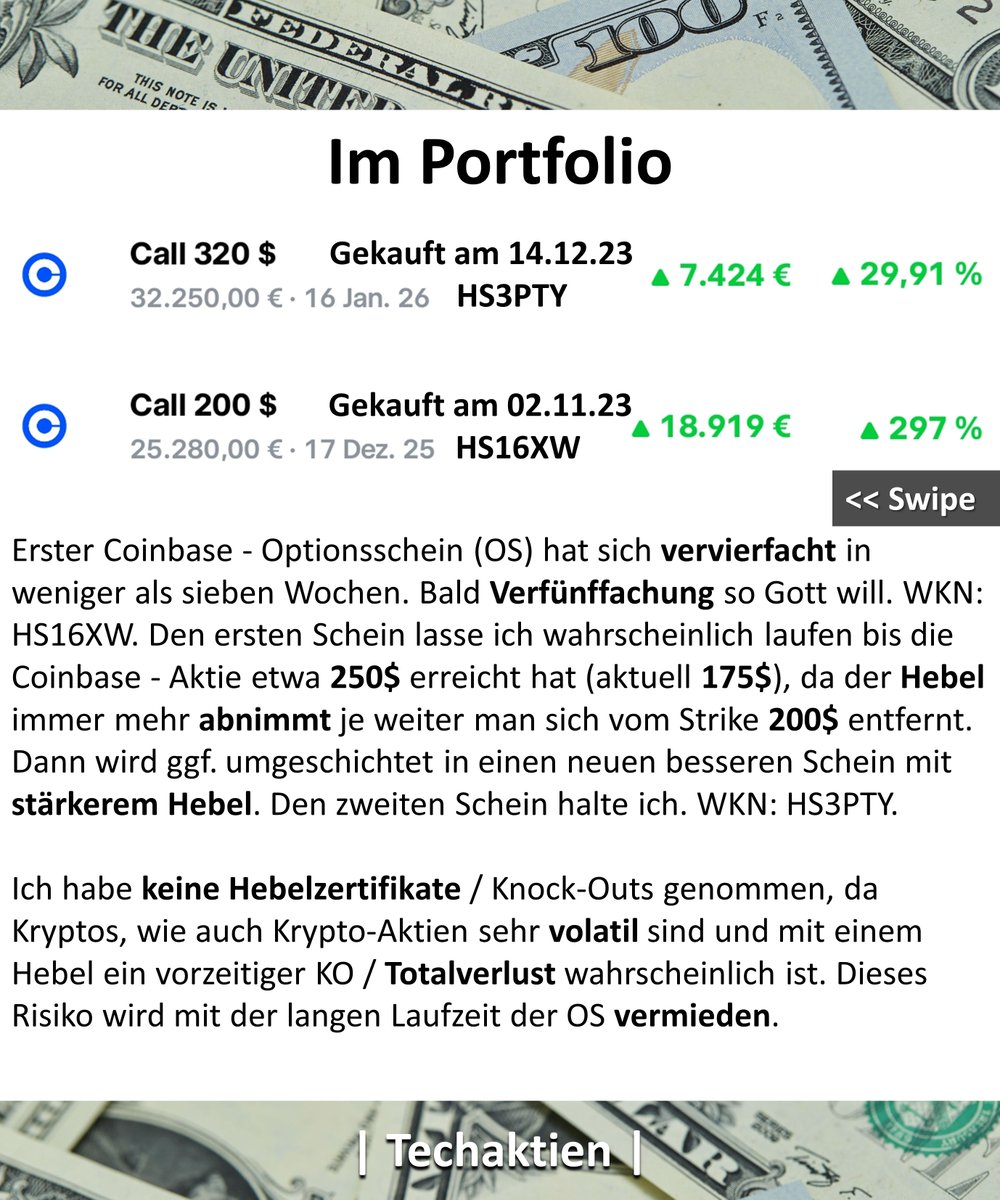 Gekauft: Optionsschein long auf Coinbase für 24.826€ mit Hebel bei Trade  Republic mit Laufzeitende Januar 2026 am 14.12.23. WKN: HS3PTY Spekulation  / Investment Case Wenn Bitcoin steigt, steigt die Coinbase-Aktie für  gewöhnlich