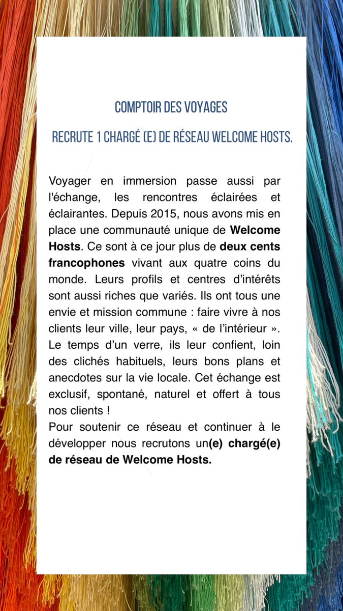 #JoinMyTeam Voici 1 joli poste pour un jeune diplômé en marketing / com aimant particulièrement le voyage et les échanges. 
Détail des missions &amp; profil par ici <a href="/comptoirvoyages/">Comptoir des Voyages</a> comptoirdesvoyages.fr/a-propos/rejoi… 
#comptoirdesvoyages #job #recrutement #relationnel #marketing #welcomeHost