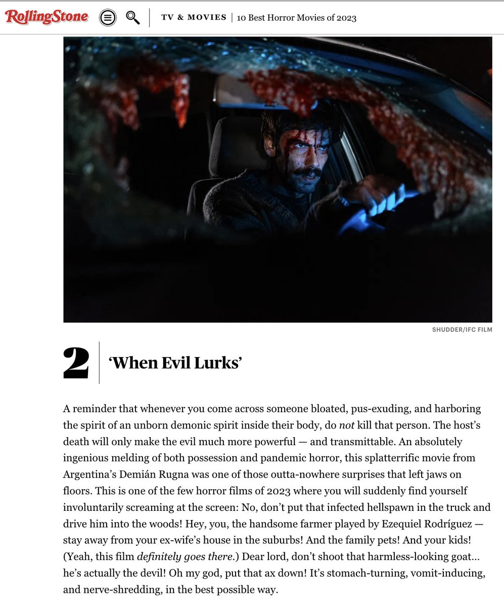 La revista Rolling Stone (la original de Estados Unidos) publicó su TOP 10 de películas de terror de 2023 y CUANDO ACECHA LA MALDAD quedó segunda solo detrás de Skinamarink.
rollingstone.com/tv-movies/tv-m…