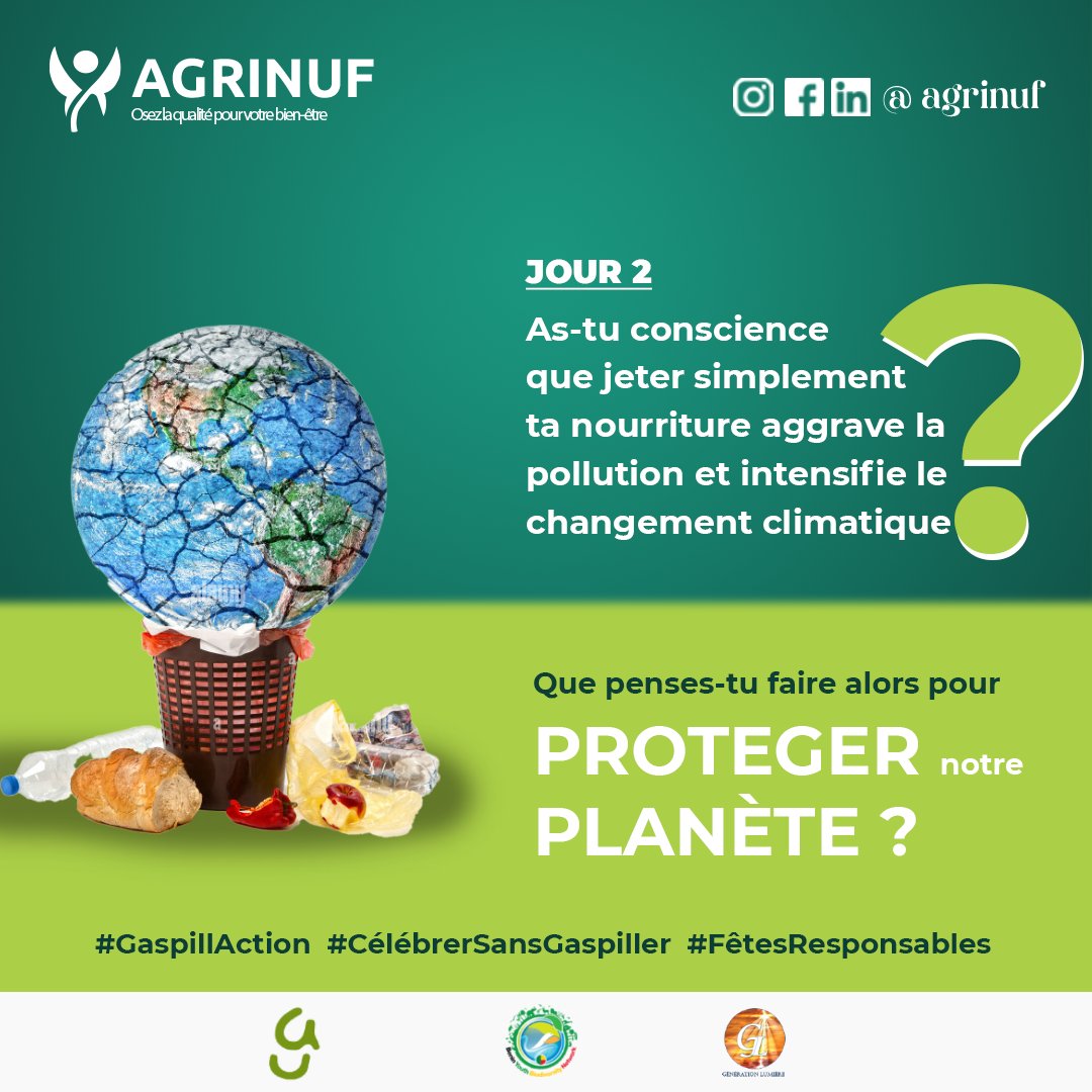 #Jour2
Saviez-vous que le #gaspillage alimentaire contribue non seulement aux émissions de #gaz à effet de serre, mais aussi à la perte de la #biodiversité?
Agissons #ensemble pour préserver la biodiversité et réduire notre #empreinte.

#GaspillAction #CélébrerSansGaspiller
