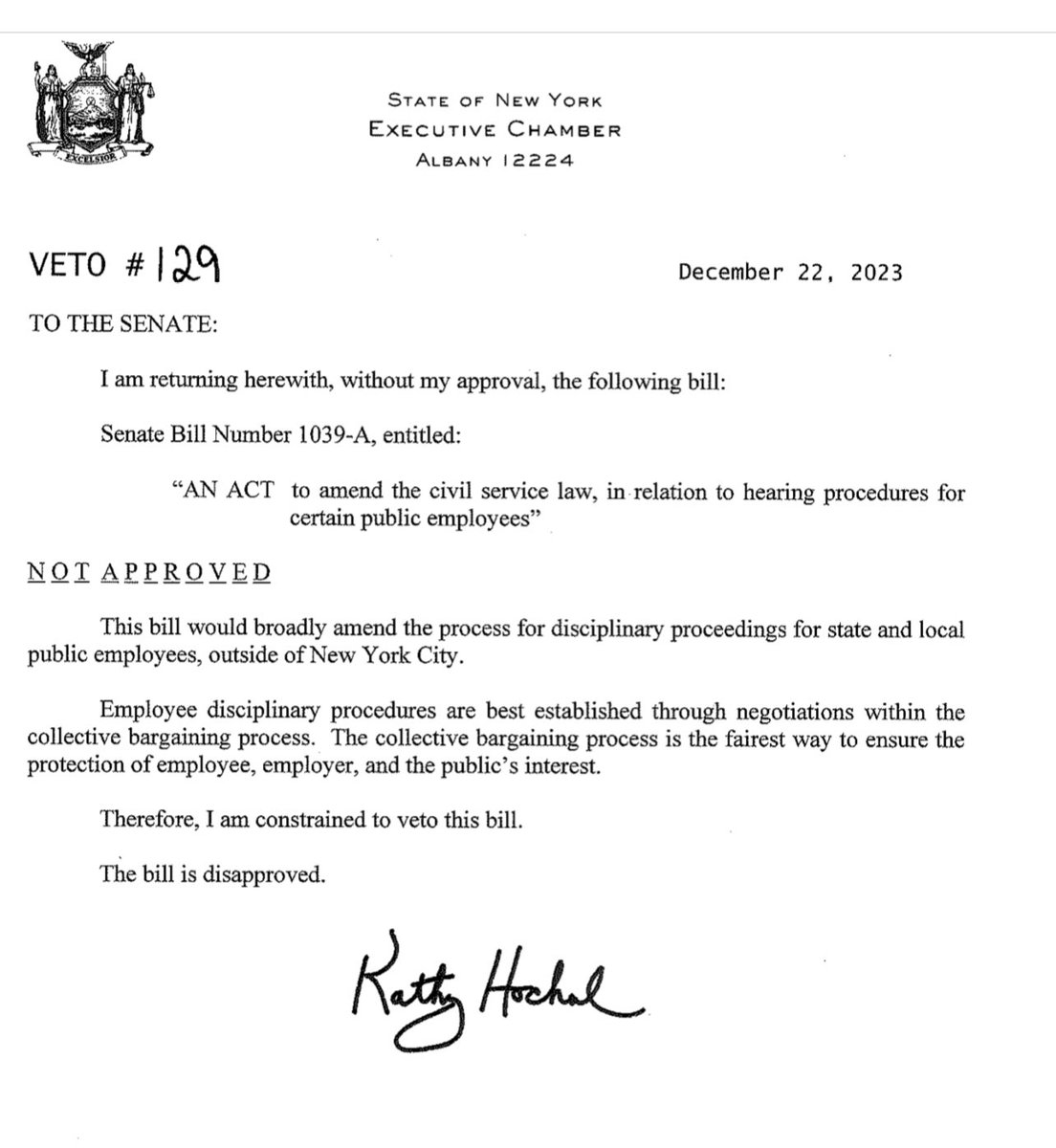 Thank you @GovKathyHochul for vetoing legislation that would’ve done substantial damage to the ability of schools to appropriately manage employees and protect students.