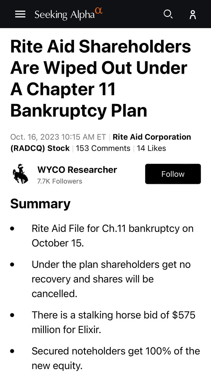 No_Pie_2109's tweet photo. Iβm not a smart man but I do know that when you see articles from Seeking Alpha saying shareholders are getting wiped out in a Ch. 11 bankruptcy, you buy that shit until itβs worthless and DRS it! π #riteaid #radcq #regarded #drs ππ 30k shares and counting baby! LFG! https://t.co/tfgnW9Ejnt