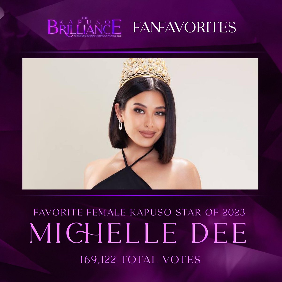KapusoCrave's tweet photo. FAVORITE FEMALE KAPUSO STAR OF 2023—MICHELLE MARQUEZ DEE

Her recent career milestone made a huge impact not just to our Kapuso but to every Filipino. Making everyone proud, her beauty and brain is what makes her extraordinary. Her humility and her passion has captured everyone, making her the Kapuso Favorite Star. 

Congratulations to our Miss Universe Philippines and our Favorite Kapuso Star of 2023, #MichelleDee!