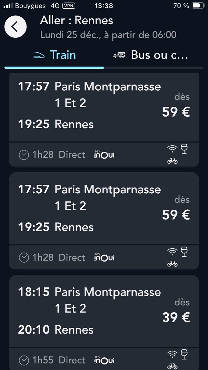 CamillerappI's tweet photo. @SamuelNohra Retournez voir, le Père Noël vous a entendu ! Il y a même des places à 35€ le 25/12 en TGV entre Paris et Rennes ! https://t.co/Mfv8GO48ed
