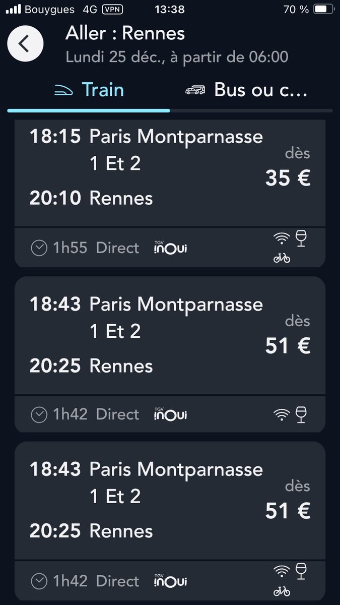 CamillerappI's tweet photo. @SamuelNohra Retournez voir, le Père Noël vous a entendu ! Il y a même des places à 35€ le 25/12 en TGV entre Paris et Rennes ! https://t.co/Mfv8GO48ed