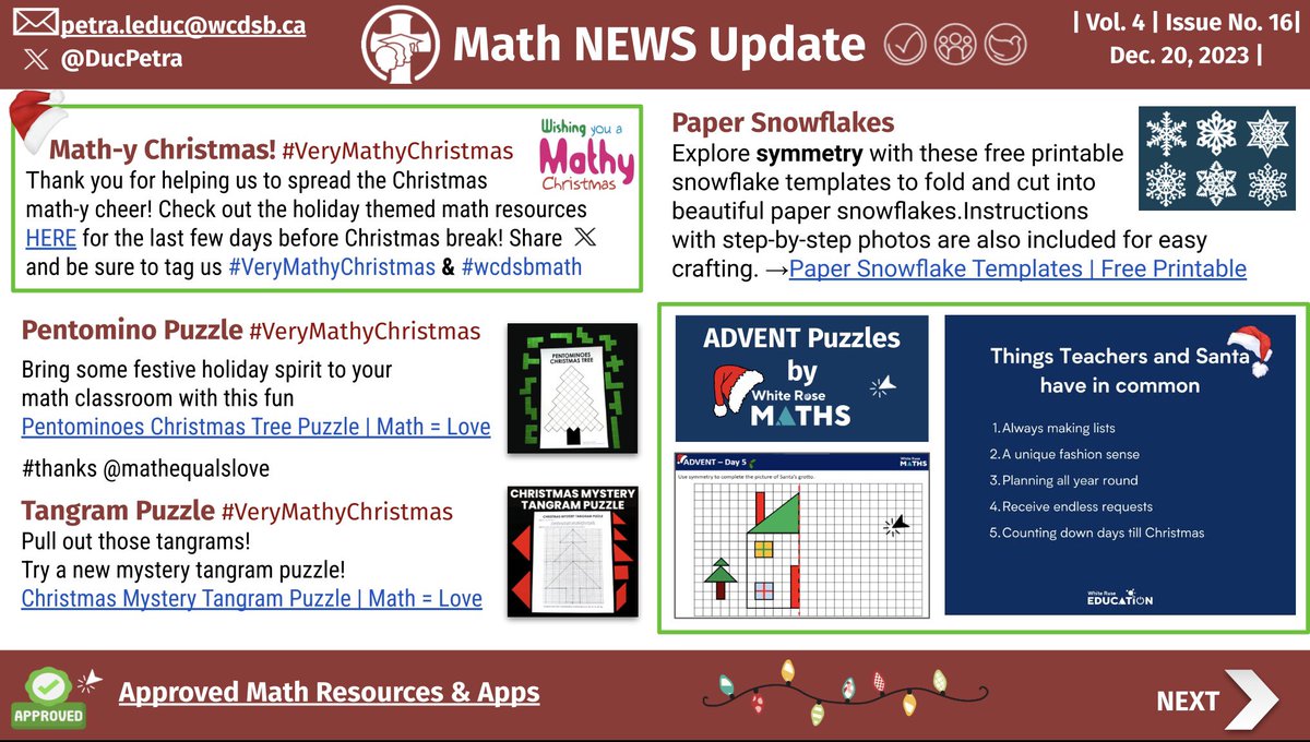 DucPetra's tweet image. bit.ly/MathNEWSUpdate…
→ Math NEWS Update #16: “12 Days of Christ-math!” our last SPECIAL 3-PAGE Edition @WCDSBLearns @WaterlooCDSB Thank you for helping us to spread the 🎅Christmas math-y cheer! 🎄#VeryMathyChristmas & #wcdsbmath