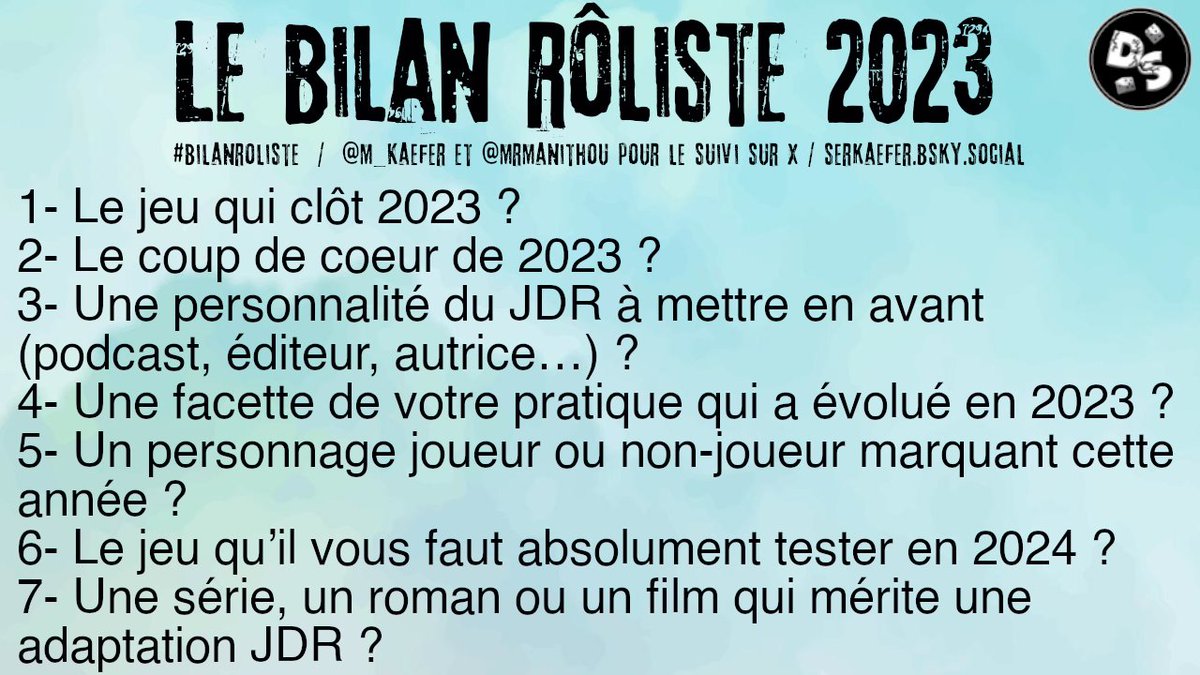 M_Kaefer's tweet photo. 🔥Le BILAN RÔLISTE 2023 est en ligne !
Pour la 4e année, le but est de parler de votre pratique de façon positive, mais aussi de mettre en avant les actrices/acteurs du #jdr que vous appréciez... Que ce soit sur votre table ou en dehors.
Faites tourner !🫶
#bilanroliste https://t.co/EFzsY7ygcq