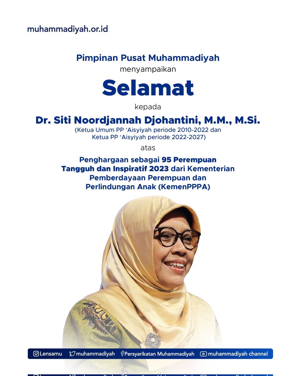 Selamat kepada Dr. Siti Noordjannah Djohantini, M.M., M.Si. atas penghargaan sebagai 95 Perempuan Tangguh dan Inspiratif 2023 dari Kementerian Pemberdayaan Perempuan dan Perlindungan Anak (KemenPPPA).

#muhammadiyah #PerempuanTangguh