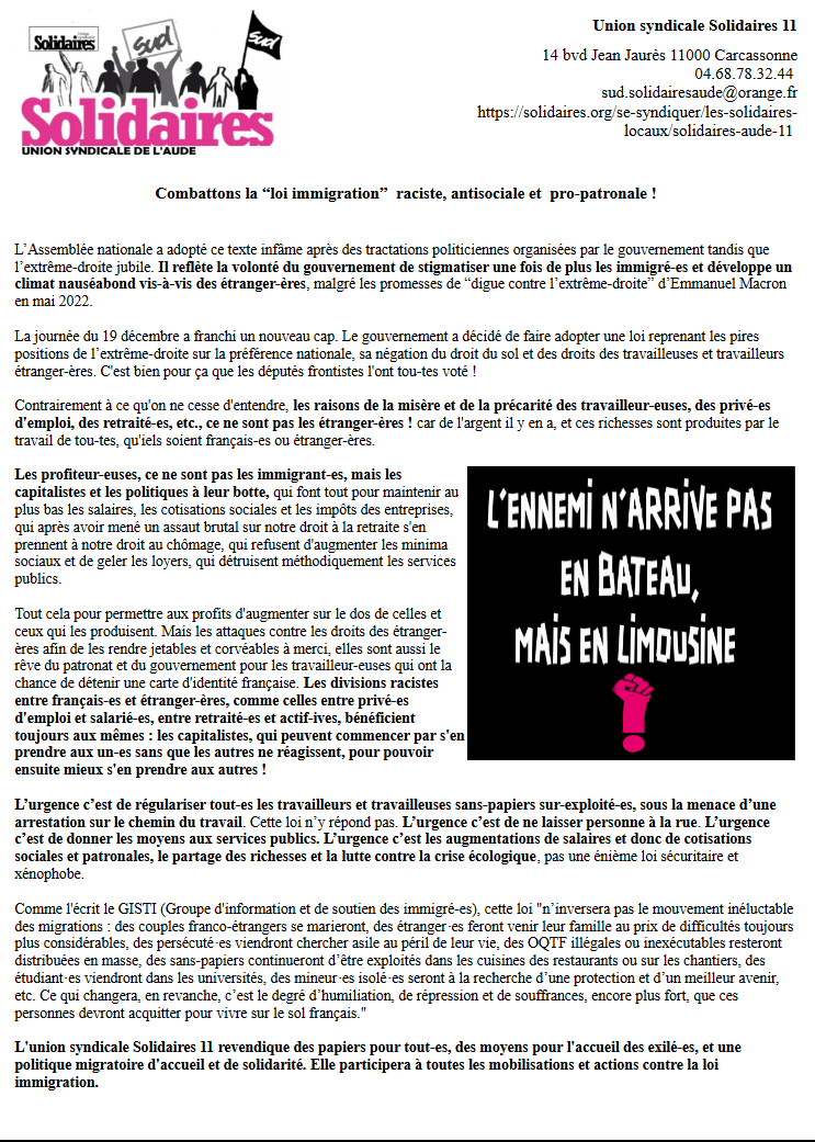 SUDeduc11's tweet photo. Communiqué de Solidaires 11 : Combattons la "loi immigration" raciste, antisociale et pro-patronale ! https://t.co/VUJK3t9hIa
