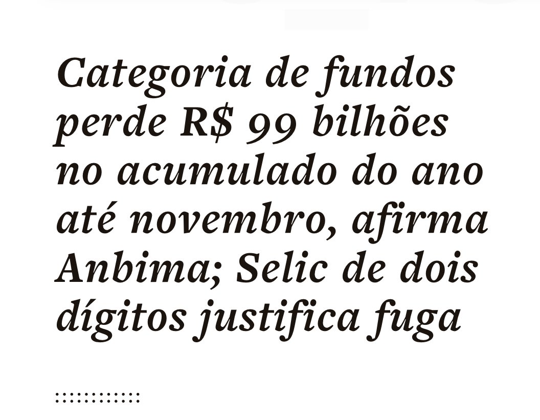 buenocosta20's tweet photo. #Multimercados As cinco aplicações que mais sofreram no ano são geridas por grandes casas, como a Verde Asset, BB Asset, SPX, Legacy e Kapitalo, que preferiram não comentar as informações.
@EstadaoEconomia
Olhando para frente, os analistas enxergam um 2024 potencialmente mais positivo para os fundos multimercados. As principais razões são os cortes esperados na Selic, que podem reduzir a atratividade da renda fixa, e um cenário macro nacional e internacional um pouco mais previsível.