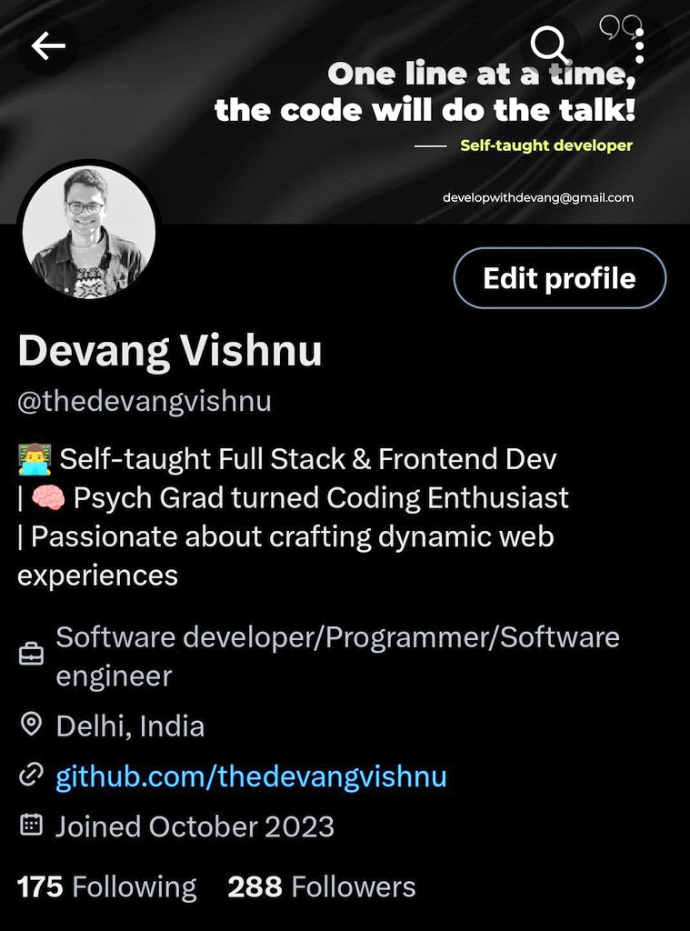 thedevangvishnu's tweet image. X or LinkedIn? 
Me: X 😍

Let&apos;s connect #developers 
Target 500 🎯 before 2024 💪
Will follow each and everyone of you who comments. 

#Xalgorithm #buildinpublic #Webdesign #webdevelopment #CodingJourney