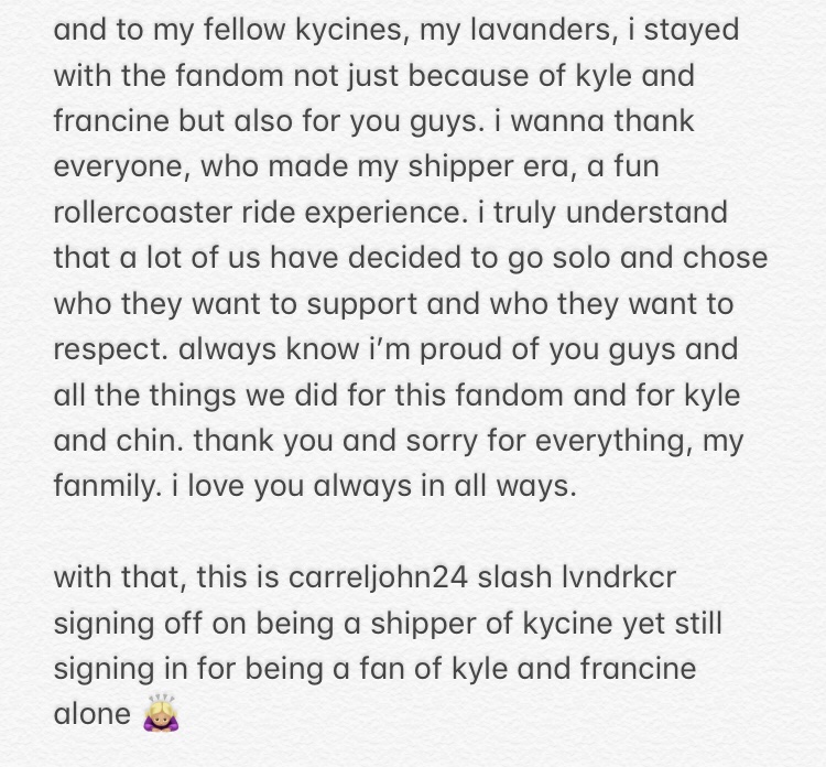 lvndrbini's tweet photo. end and new beginnings of an era.

@kyle_echarri @francinecarreld and my lavanders, you’ll always be my home. always know that i’m here and will protect you. i love you always in all ways. 💜 https://t.co/jTNY3YSacQ