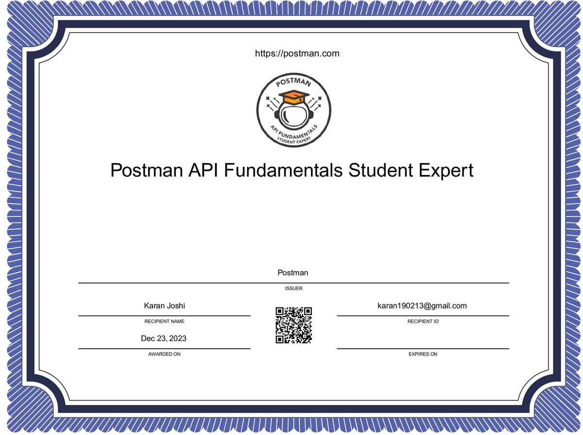 Dev_Karan_J's tweet image. I just got certified as a Postman API Fundamentals Student Expert!🚀A big shoutout to @himanshuchhatw2 and @gdscabesit for making this achievement possible!🌟

My badge: api.badgr.io/public/asserti…

#postman #PostmanStudent #PostmanStudentExpert #PostmanStudentCertified