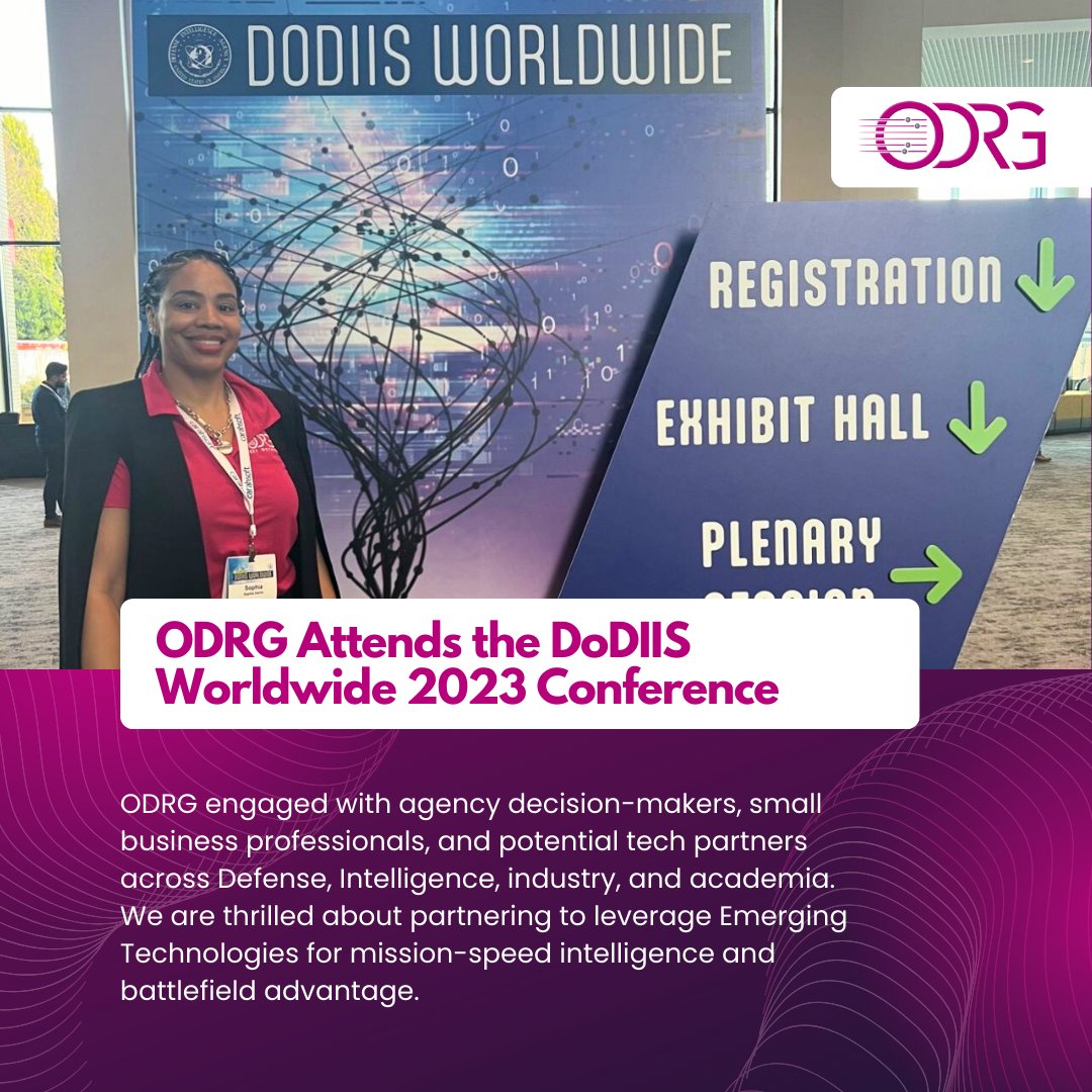 odrgllc's tweet image. ODRG had an incredible experience at the DoDIIS Worldwide 2023 conference! Exciting prospects ahead as ODRG looks forward to partnering and leveraging Emerging Technologies for mission-speed intelligence and battlefield advantage. #DoDIIS2023 #Defense Intelligence Agency #ODRG