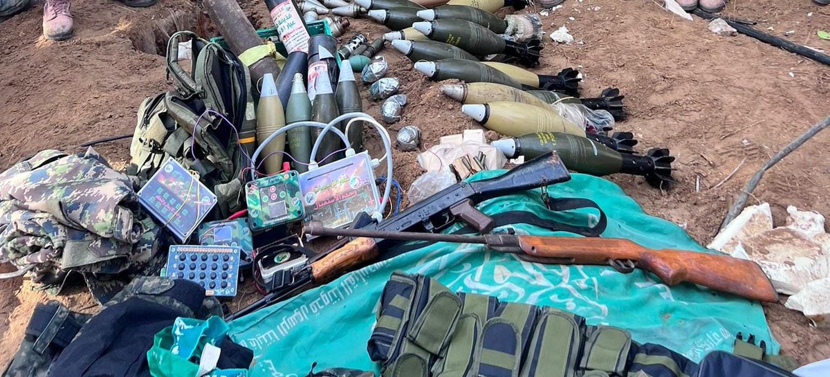 mishtal's tweet photo. Okay.. So Israel found this lot in a Kindergarten in Gaza...

Let's play I spy...

I spy with my little eye...  mortar shells, warheads anti-tank missiles, guns...

All the usual stuff you expect to see in an educational building meant for under 5's... https://t.co/c00zpbt4EP