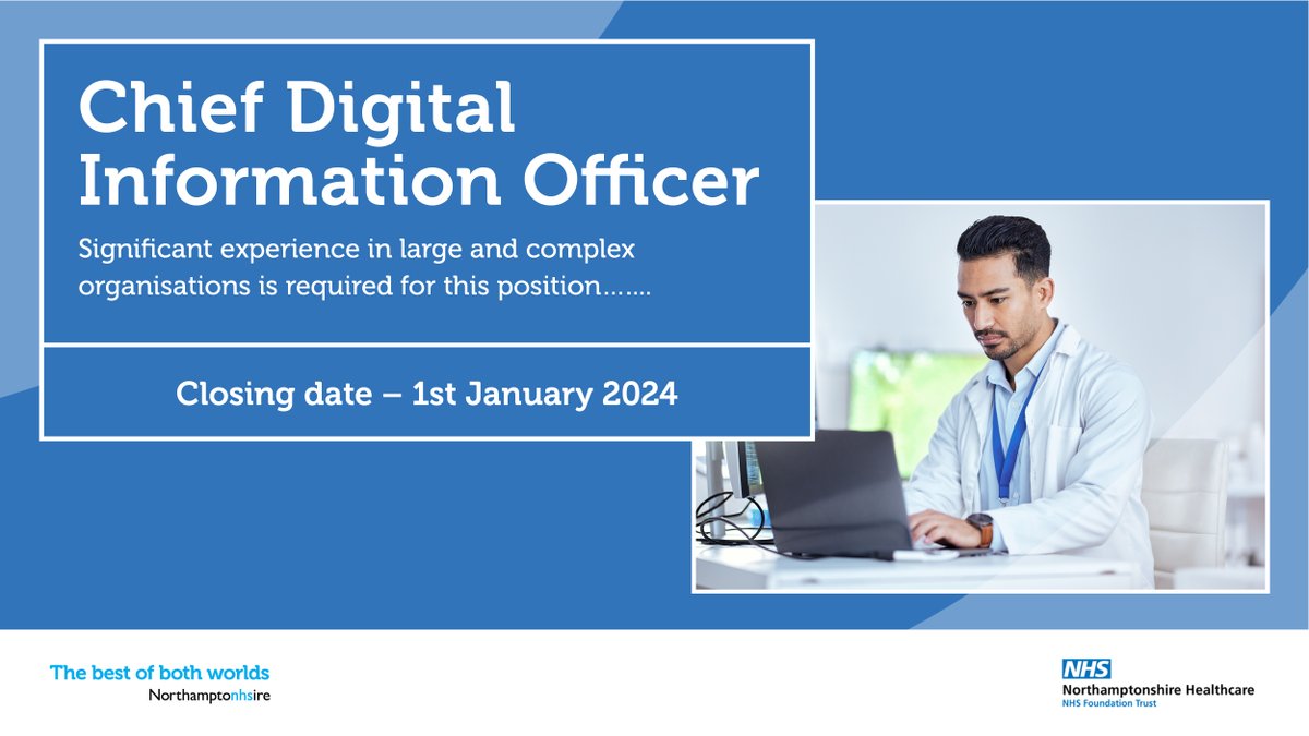We are looking for a new Chief Digital Information Officer to provide world class digital services to the newly formed provider collaborative of University Hospitals Leicester (UHL) and the University Hospitals of Northamptonshire NHS Group - zurl.co/lPei #Careers