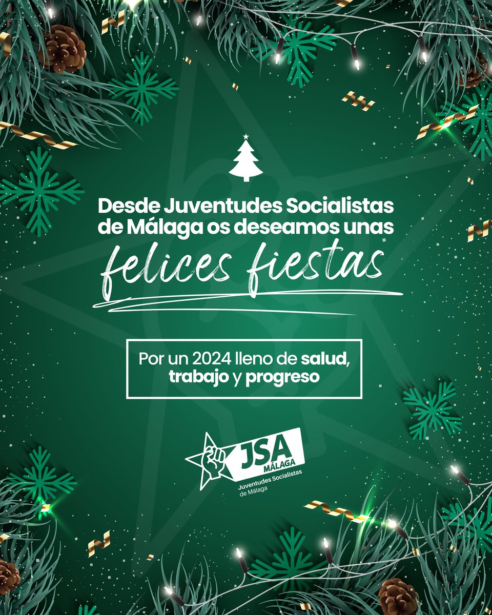 JSAMalaga's tweet photo. 🎄Desde las Juventudes Socialistas de Málaga os deseamos una felices fiestas.

💫¡Que el nuevo año venga lleno de salud, trabajo y progreso para tod@s!

#SeguimosEnLaSendaDelProgreso https://t.co/89H23MMVkT