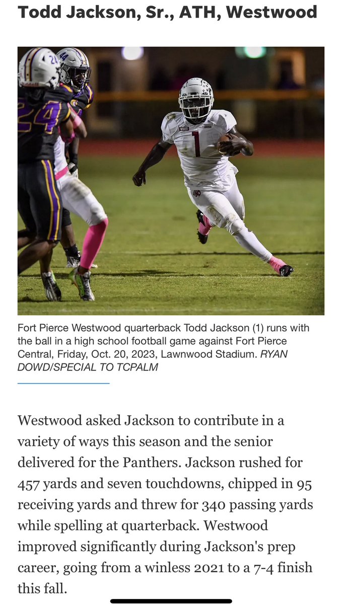 RealCoachK's tweet photo. Congrats to Fort Pierce Westwood 2024 ATH @ToddJackson___ on being named 2nd Team All Area!!! (TC PALM) 
@CoachEddie1017 @DB__God @AlgarinJaner @larryblustein 
FILM: https://t.co/eEH13EUo2Y https://t.co/YMXBqU3aDU