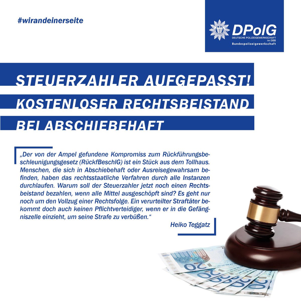 DPolGBPOLG's tweet photo. „Der von der #Ampel gefundene #Kompromiss zum #Rückführungsbeschleunigungsgesetz (#RückfBeschlG) ist eine Stück aus dem #Tollhaus. Menschen, die sich in Abschiebehaft oder Ausreisegewahrsam befinden, haben das rechtsstaatliche Verfahren durch alle Instanzen durchlaufen. Warum soll der #Steuerzahler jetzt noch einen Rechtsbeistand bezahlen, wenn alle Mittel ausgeschöpft sind? Es geht nur noch um den Vollzug einer Rechtsfolge. Ein verurteilter #Straftäter bekommt doch auch keinen #Pflichtverteidiger, wenn er in die #Gefängniszelle einzieht, um seine Strafe zu verbüßen.“

#bundespolizei #bpol #spd #fdp #bündnis90diegrünen #cdu #csusb