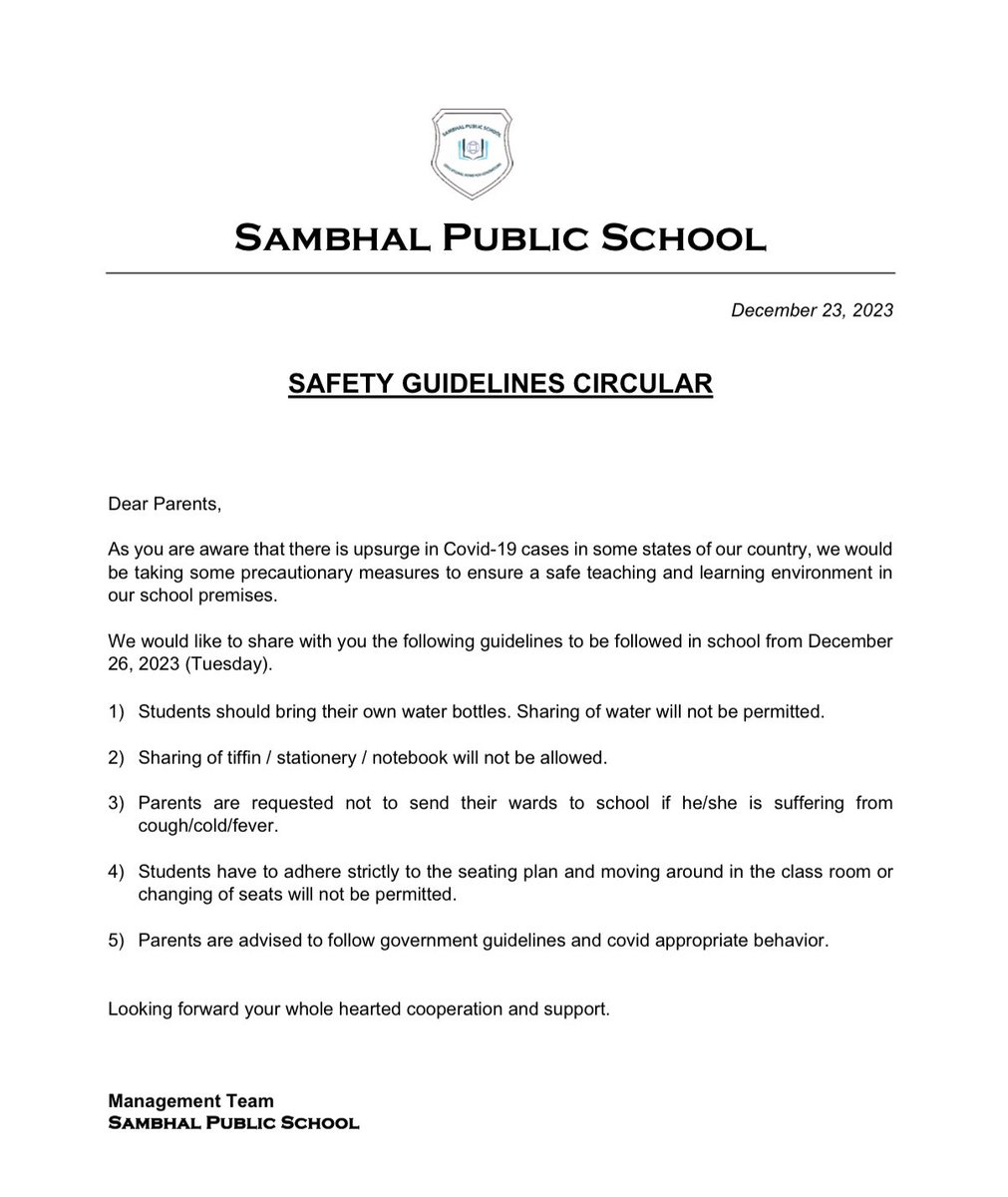 SambhalSchool's tweet photo. Prevention is better than cure.

SPS consider Health &amp; Safety its utmost priority. We have taken some precautionary measures to ensure safe learning environment in School.

Let us observe it. 

#SambhalPublicSchool #Sambhal #Covid #JN1variant #JN1 https://t.co/aIS0IwWPvb