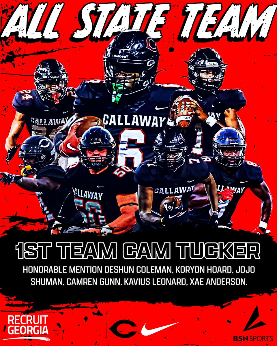 Callaway Football (@cavsrecruits) on Twitter photo 𝐀𝐥𝐥-𝐒𝐭𝐚𝐭𝐞 𝐓𝐞𝐚𝐦🏅
Congratulations to our players who were named to the <a href="/RecruitGeorgia/">Recruit Georgia</a> GHSA Class AA All-State Team! 🔴⚫️
1st Team: Cam Tucker
HM: DeShun Coleman, Jojo Shuman, Koryon Hoard, Camren Gunn, Kavius Leonard, Xae Anderson. 𝐀𝐥𝐥-𝐒𝐭𝐚𝐭𝐞 𝐓𝐞𝐚𝐦🏅
Congratulations to our players who were named to the <a href="/RecruitGeorgia/">Recruit Georgia</a> GHSA Class AA All-State Team! 🔴⚫️
1st Team: Cam Tucker
HM: DeShun Coleman, Jojo Shuman, Koryon Hoard, Camren Gunn, Kavius Leonard, Xae Anderson.