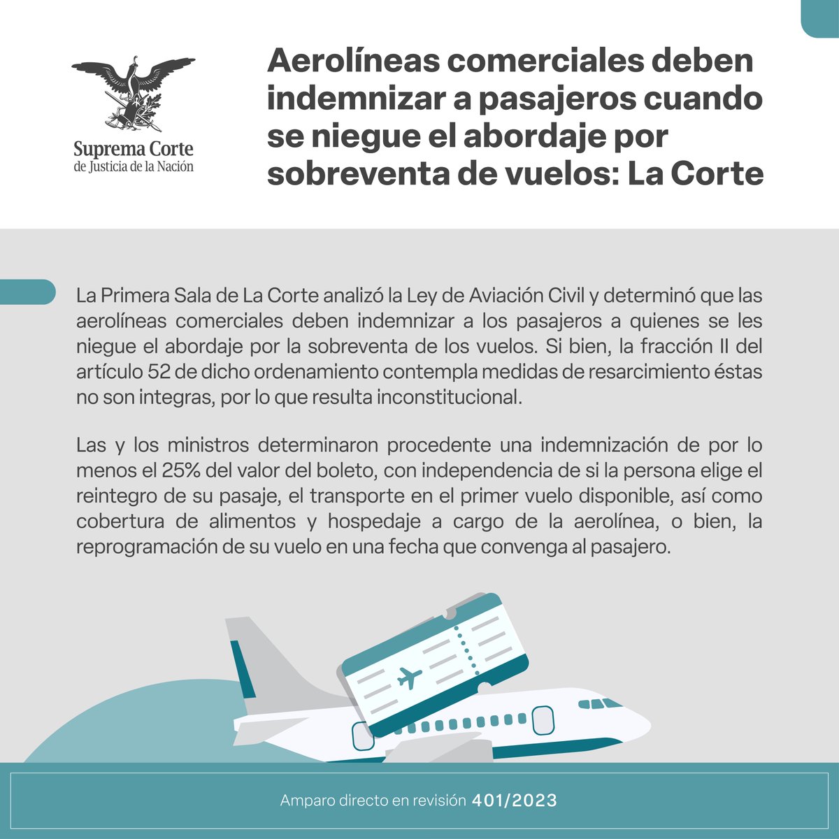 SCJN's tweet photo. ¿Sobrevendieron tu vuelo?

#LaCorte resolvió que las aerolíneas deben indemnizar a los pasajeros afectados con al menos el 25% del costo del boleto, independientemente de que opten por otras opciones previstas en la Ley.

🔗 https://t.co/3QWCwgq6vW

#EsSentencia 
#LaCorteContigo https://t.co/niaZjlak9u