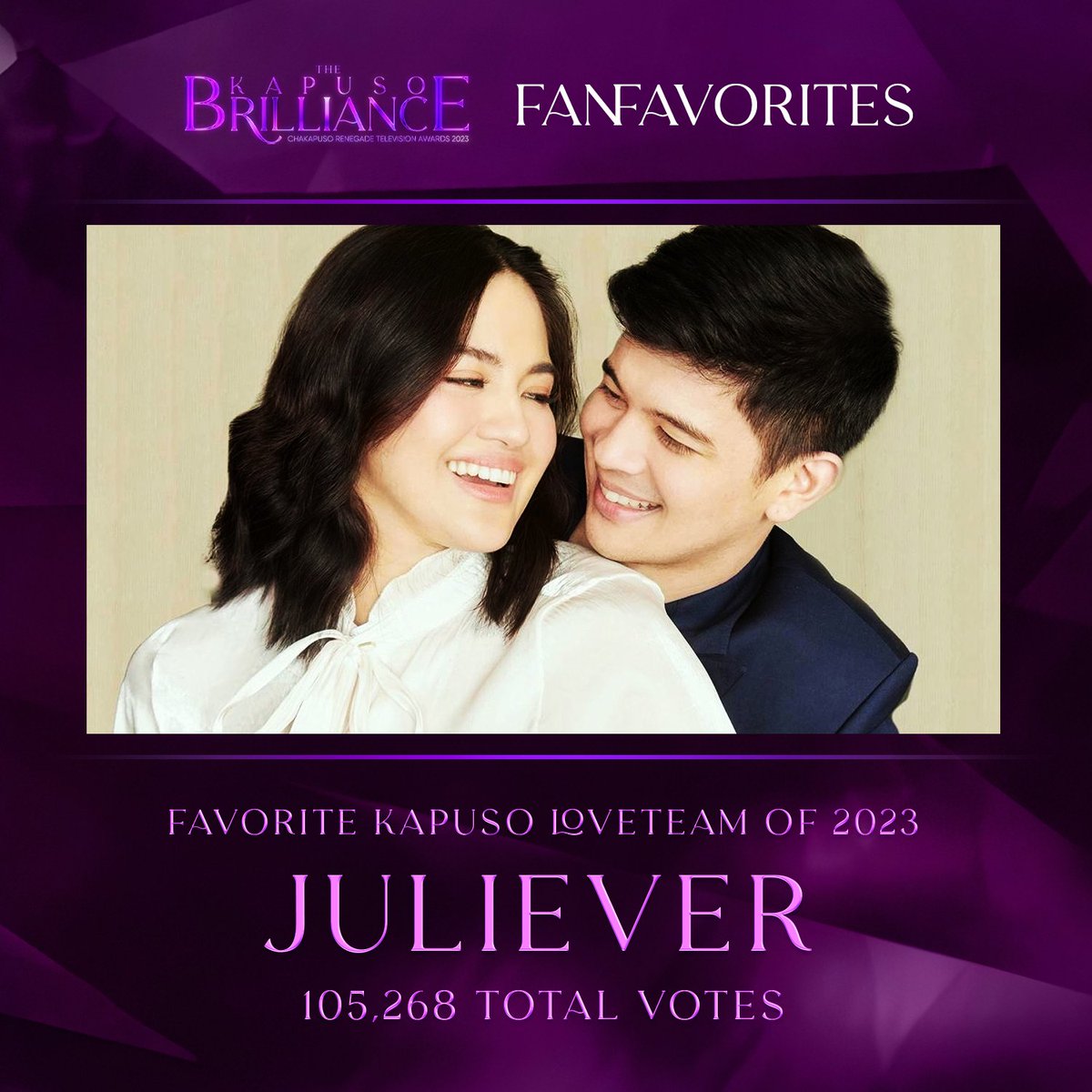 KapusoCrave's tweet photo. FAVORITE KAPUSO LOVETEAM OF 2023—JULIEVER

Two actors who are frequently paired as romantic partners in movies, television series, or commercials are known as a loveteam. The loveteam's appeal, acting prowess, compatibility and fan-following are some of the elements that contribute to their success. Unarguably, this loveteam has emerged as this year's Favorite Kapuso Loveteam. From reel to real, this pair has captivated the attention of our Kapuso through their amazing talents. 

Congratulations to #JulieVer, our Favorite Kapuso Loveteam of 2023!

#TheKapusoBrilliance2023 
#TheKapusoBrilliance