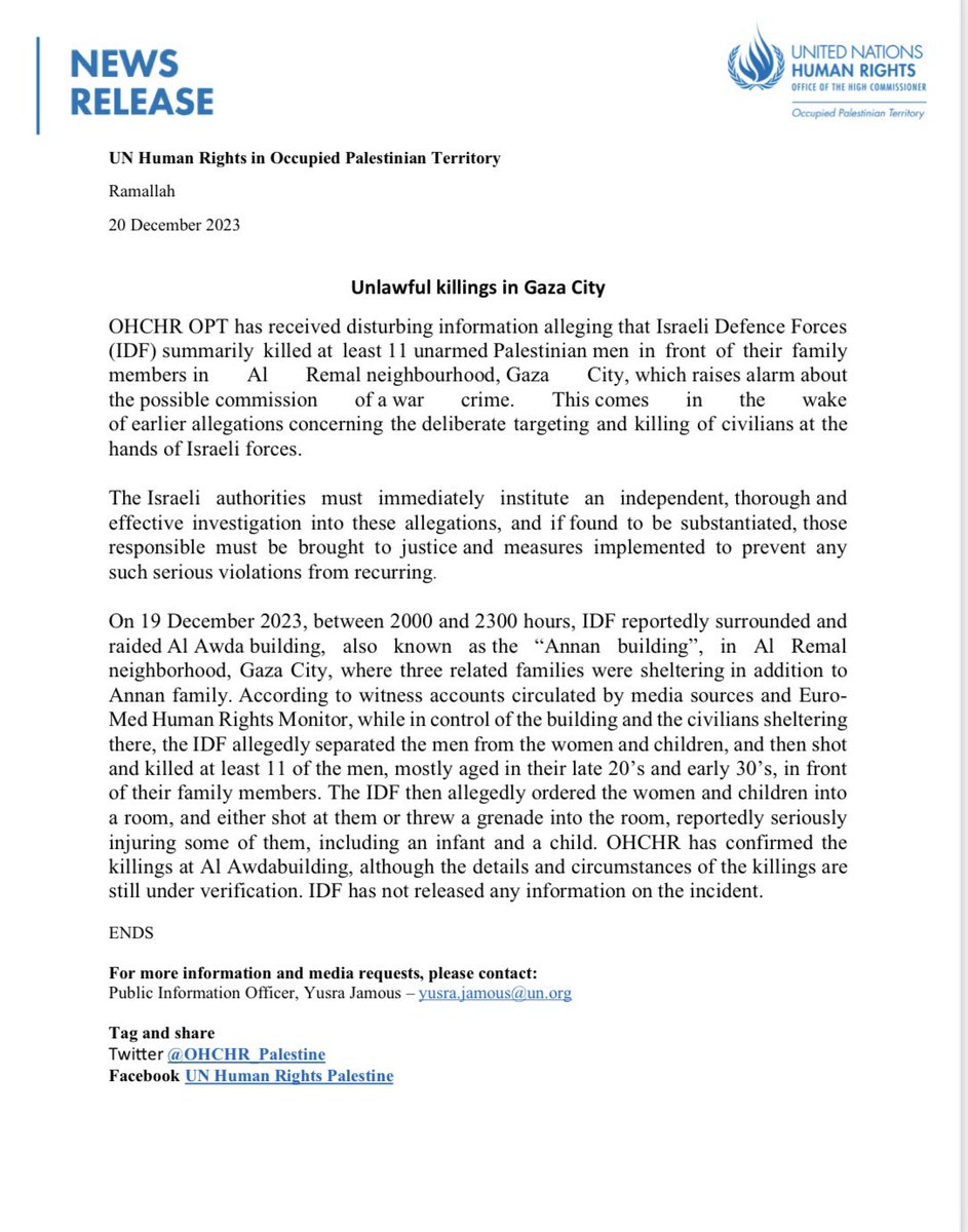 UN reports field executions by Israeli soldiers summarily killing at least 11 unarmed Palestinian men in front of their family members in Al Remal neighbourhood, Gaza City.  Reports of such war crimes are mounting. War criminals must be brought to justice. #CEASEFIRE_NOW!