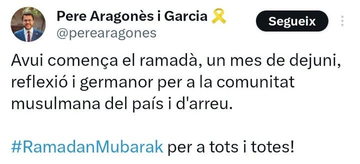 La Generalitat felicita el solstici d'hivern en comptes de felicitar per Nadal.

En canvi, felicita el Ramadà.