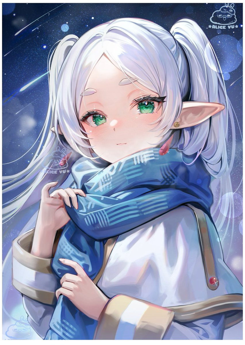 frieren 1girl solo scarf pointy ears green eyes blue scarf earrings  illustration images