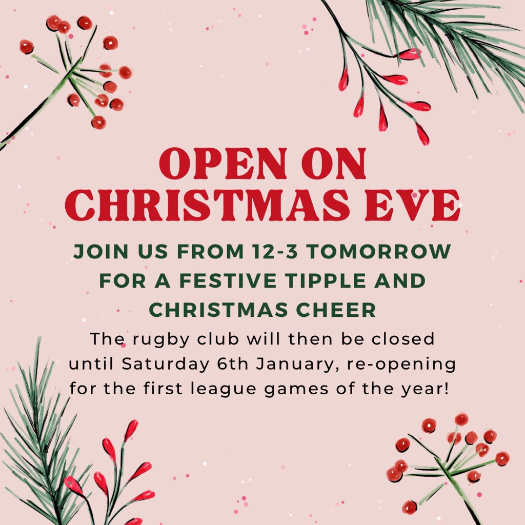 🎄Join us tomorrow🎄

We are open from 12-3 tomorrow for Christmas drinks and festive fun! Come down and say Merry Christmas to CRFC 🤩 

We will then close from 3pm tomorrow until Saturday 6th January, for the first league fixtures of 2024 🏉✨