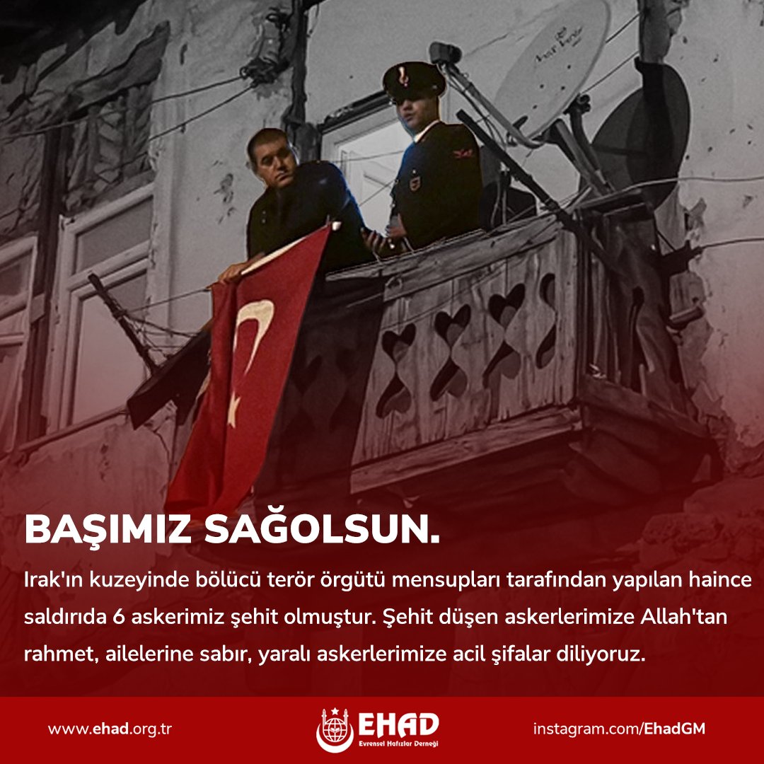 Başımız sağolsun. Irak'ın kuzeyinde bölücü terör örgütü mensupları tarafından yapılan haince saldırıda 6 askerimiz şehit olmuştur. 🇹🇷
#6yiğit
