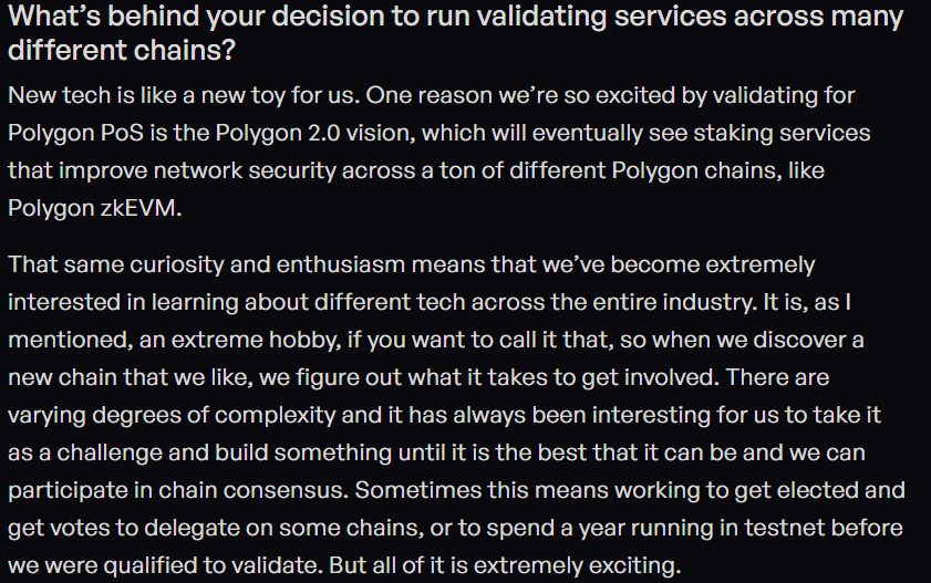 Azraiel1201's tweet photo. And what sets #Staking4All apart is their curiosity and enthusiasm for exploring new tech across the industry. Their excitement about @0xPolygonLabs 2.0 vision and staking services improving security across various chains, like #PolygonzkEVM, is evident. It's a passion not job! https://t.co/cWJe8c2Qs5