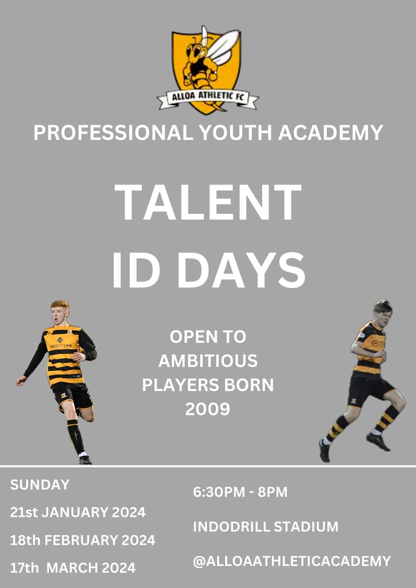 2009 TALENT ID SESSIONS ⚽️ Alloa Athletic Youth Academy is on the lookout for ambitious, hard working and talented players born in 2009, as we continue the recruitment process for next seasons Under 16 Professional Youth Academy squad 🐝 (1/4)