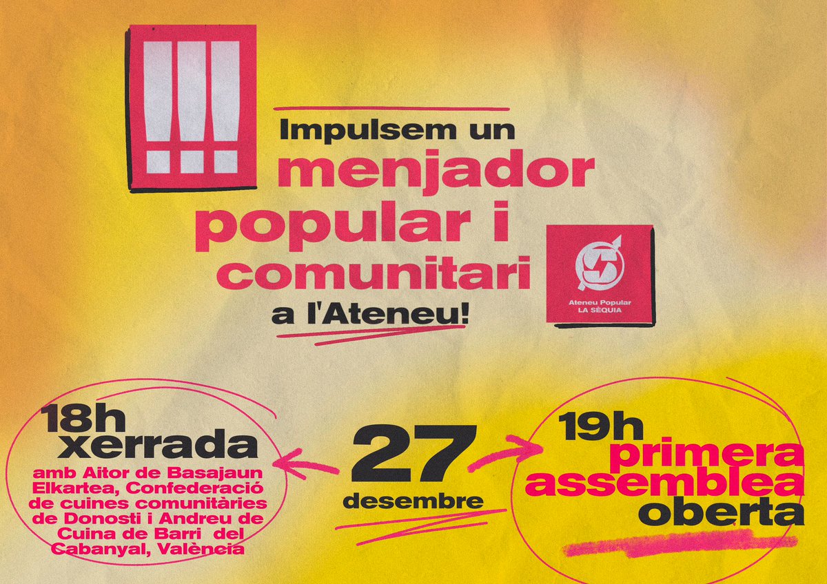 Impulsem un menjador popular i comunitari a l’Ateneu! Dimecres 27 de desembre xerrada per aprendre d’altres projectes i primera assemblea oberta. A partir de les 18h ens veiem a l'Ateneu!