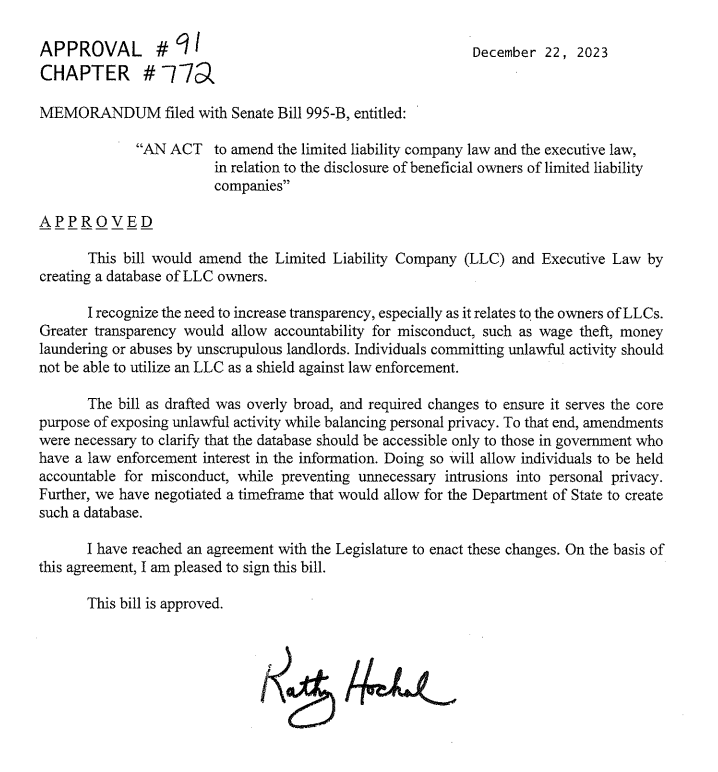 New York *will* create a database that lists the beneficial owners of LLCs, but you (the public) just won't be able to look at it. Hochul signed the LLC Transparency Act late yesterday, but not before she got the Legislature to agree to keeping the database private.