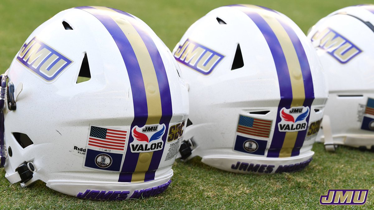 JMUSports's tweet photo. The @JMUFootball Dukes will honor all six branches of the armed forces with a star and seal for each on the front of their helmets. 

They will also display a JMU VALOR decal on the back in support of our own military and veteran community on campus. 

#GoDukes | #BowlForTheBrave https://t.co/kuTlpBE0hP