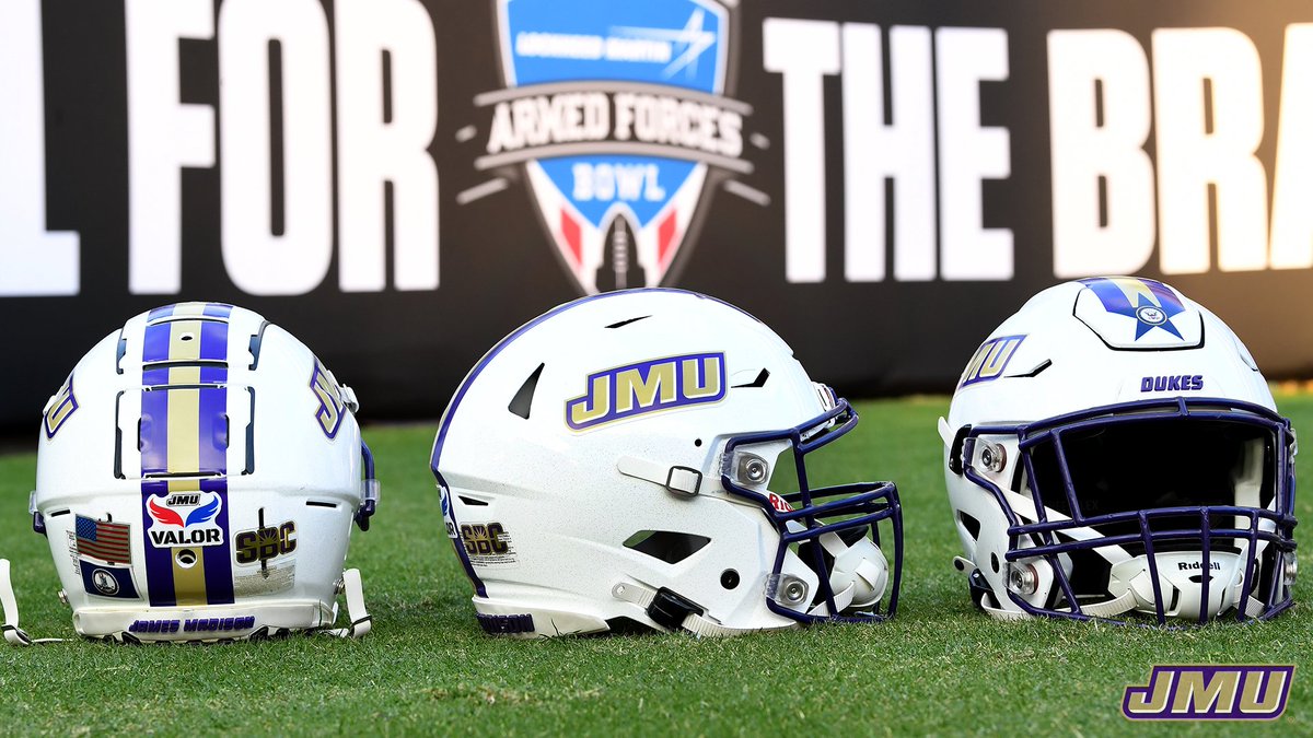 JMUSports's tweet photo. The @JMUFootball Dukes will honor all six branches of the armed forces with a star and seal for each on the front of their helmets. 

They will also display a JMU VALOR decal on the back in support of our own military and veteran community on campus. 

#GoDukes | #BowlForTheBrave https://t.co/kuTlpBE0hP
