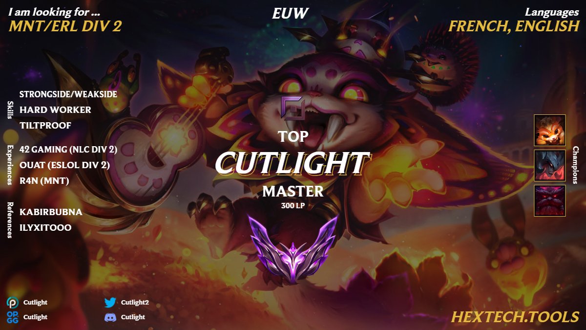 Cutlight2's tweet photo. Hi,
after a year playing in ERL 2 --> (ESLOL and NLC)
I'm LFT for next year MNT or any ERL DIV 2.
(I know my post comes late in the offseason but I've been focusing on soloQ the past 3 months and I'm now ready to work with a team)
🔄 &amp;❤️highly appreciated ! (DM open) https://t.co/UuFdVrfCJJ