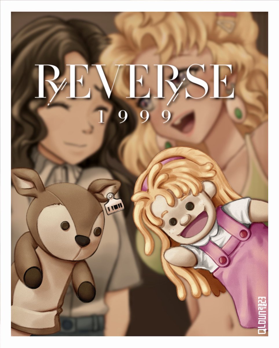 Quatro90's tweet photo. Blonney and Jessica’s story has just the right amount or horror and sweetness in it. I just had to draw them together.

Blonney took Jessica out to a photobooth, and she brought along the sock puppets from before.

#Reverse1999FanWorkContest 
#GreenLakeNightmare https://t.co/XugdNerJTH