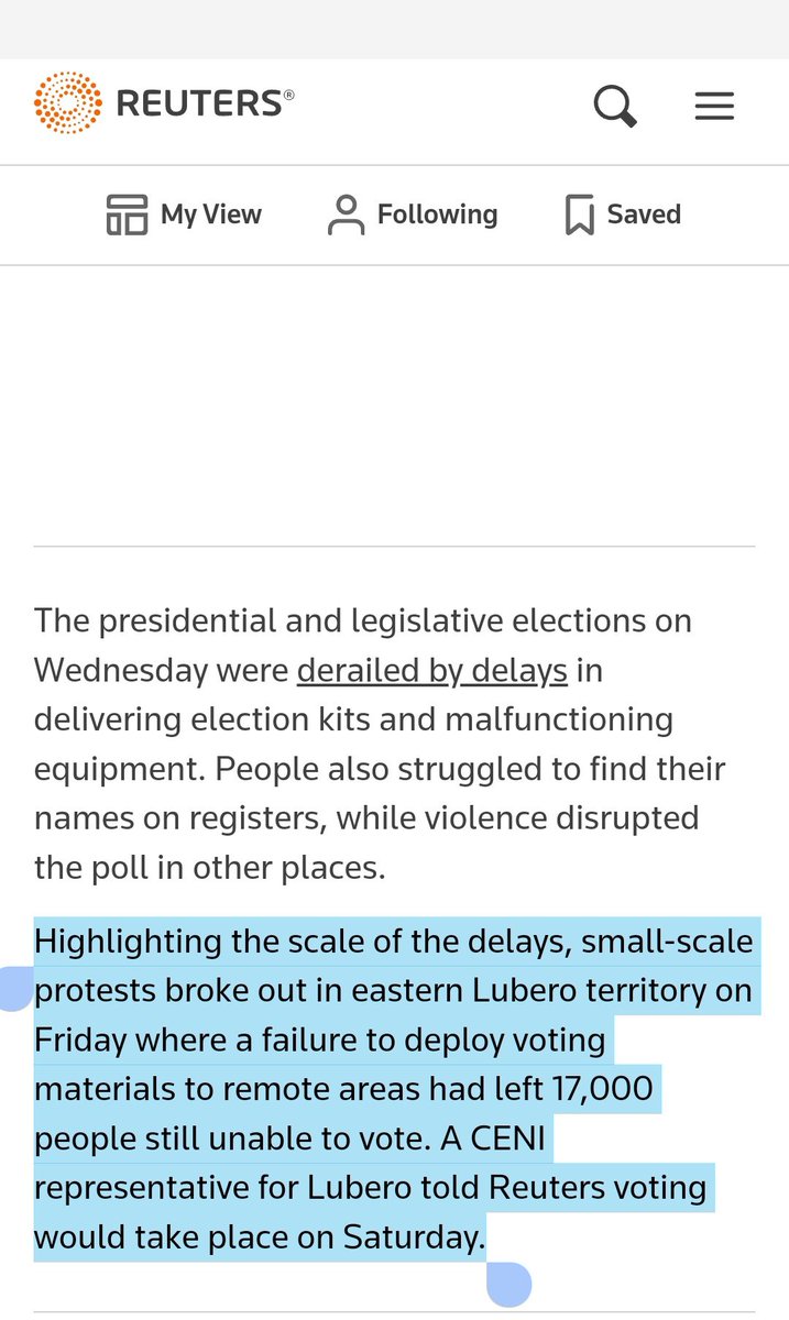 michombero's tweet photo. Élections en #RDC 🇨🇩 : un responsable de la CENI indique à @Reuters que le vote aurai lieu ce samedi à #Mabuo, #Lomo, #Lenda et #Bobhodea en secteur de #Bapere dans le territoire de Lubero au Nord-Kivu dans l'est du pays.
" Les kits n'y sont pas encore déployés depuis #Manguredjipa car il faut un hélicoptère et 3 jours de marche.
Didier Manara, 2e vice président de la CENI avait pourtant rassuré que tous les bureaux de vote ont fermé les portes depuis le 21 décembre.