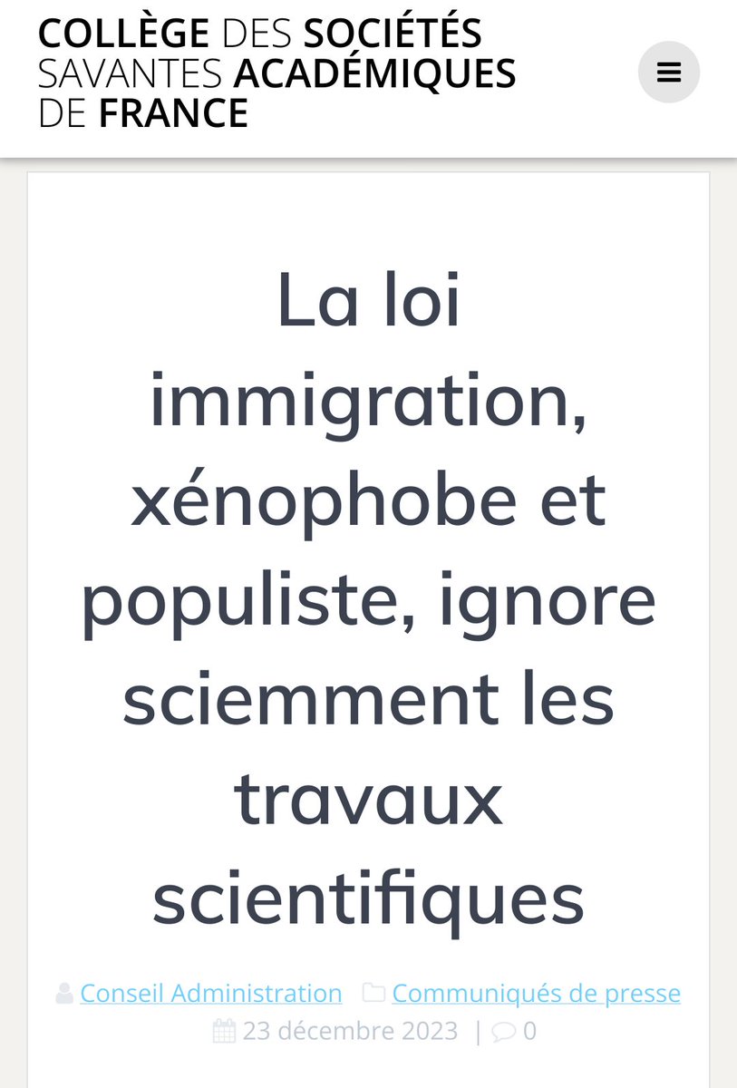 Le Collège des sociétés savantes academiques de France réagi à la loi immigration societes-savantes.fr/la-loi-immigra…