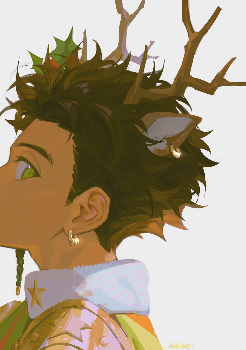 claude von riegan 1boy male focus green eyes solo antlers christmas bell  illustration images