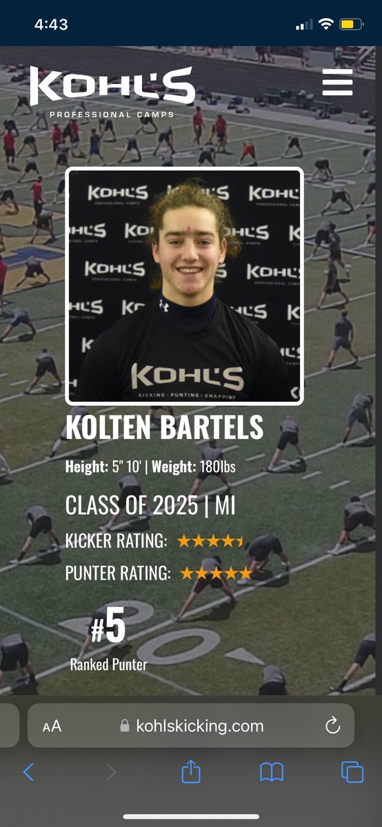 Kolten Bartels (@bartels_kolten) on Twitter photo After a great camp I’m grateful to have earned my 5 star and moved up my ranking to 5 in the country!
<a href="/KohlsKicking/">Kohl's Kicking Camps</a> <a href="/RichmondFBall/">Richmond Football</a> <a href="/HKA_Tanalski/">Adam</a> <a href="/KCLOPATA/">K.C. Lopata</a> <a href="/JacobDombrowsk5/">Jacob Dombrowski</a> <a href="/Coach_Radke/">Luke Radke</a> After a great camp I’m grateful to have earned my 5 star and moved up my ranking to 5 in the country!
<a href="/KohlsKicking/">Kohl's Kicking Camps</a> <a href="/RichmondFBall/">Richmond Football</a> <a href="/HKA_Tanalski/">Adam</a> <a href="/KCLOPATA/">K.C. Lopata</a> <a href="/JacobDombrowsk5/">Jacob Dombrowski</a> <a href="/Coach_Radke/">Luke Radke</a>